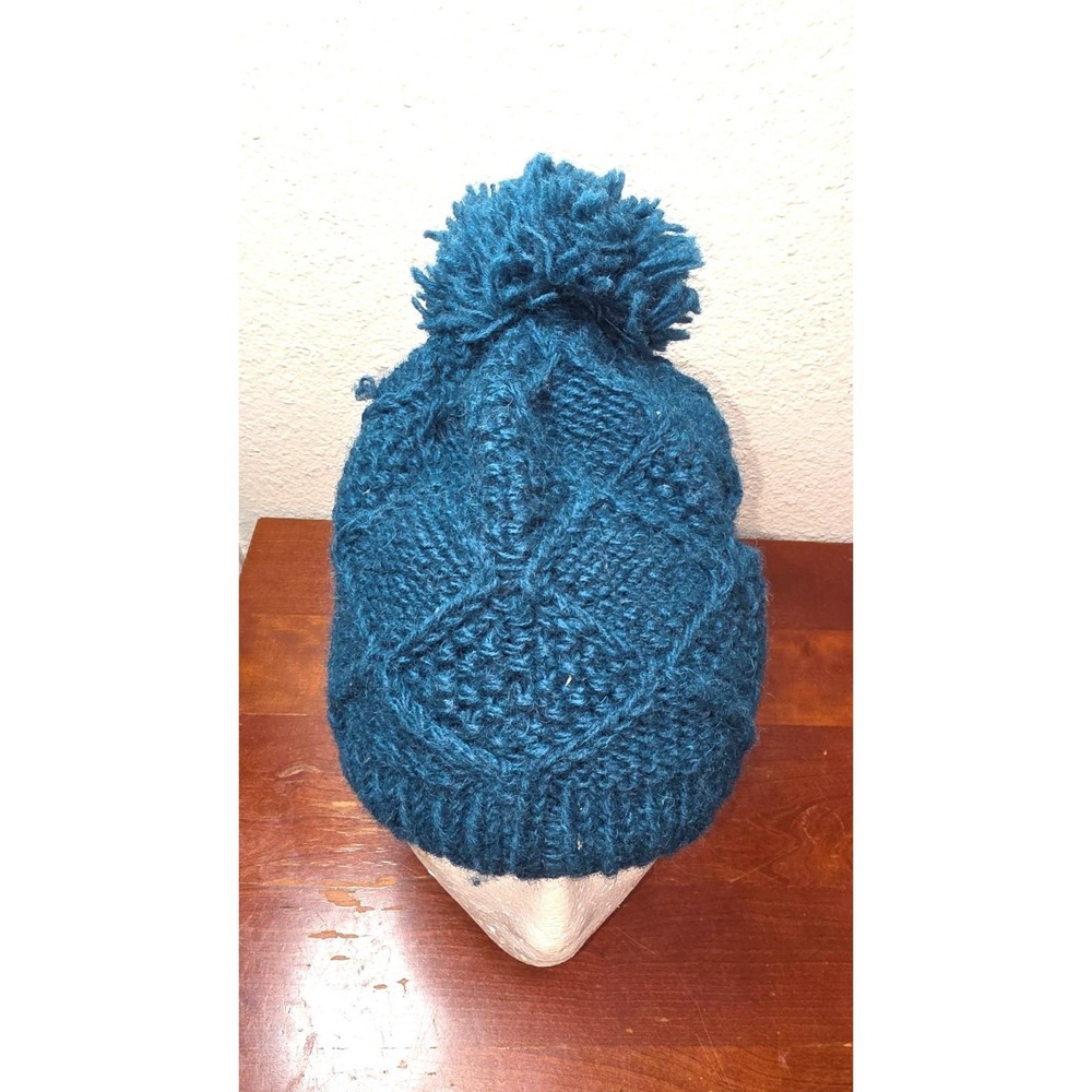 Hand-Knit Blue Wool Blend Winter Beanie Pom Pom Design Adults‎